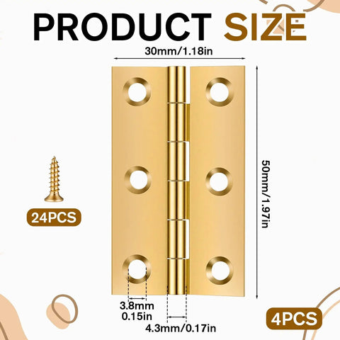Front view of 2 Inch Brass Hinges With 24 Screws 4 Pack Small Hinge Set For Wood Boxes Cabinets Chests Trunks Jewelry Boxes