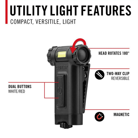 Magnetic LED Clip Light With Dual Color White And Red Beams, 80 Lumen, Beam Rotation, compact black with 180° head rotation