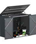 Heavy Duty 3 By 6 Ft Outdoor Storage Shed For Trash Cans And Bikes, Waterproof Garbage Can Organizer With Chain Lid, open view with tools