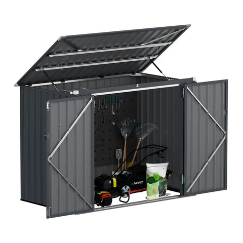 Heavy Duty 3 By 6 Ft Outdoor Storage Shed For Trash Cans And Bikes, Waterproof Garbage Can Organizer With Chain Lid, open view with tools