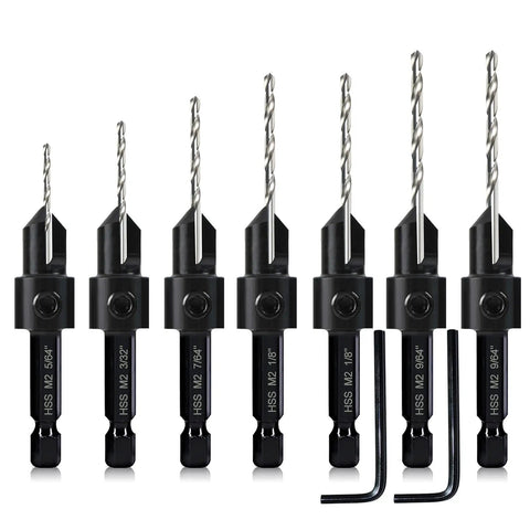 7 Piece M2 Countersink Drill Bit Set With 3 In 1 Countersink And Counterbore Fits 4 To 12 Screws Adjustable Depth Stop