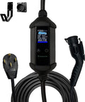 Plug And Play Level 2 EV Charger With 48 Amp Juice And Standard Household Outlet For Reliable Home Setup Plus Thirty Five Foot Heavy Duty Cable showing the display, cable, and plug.