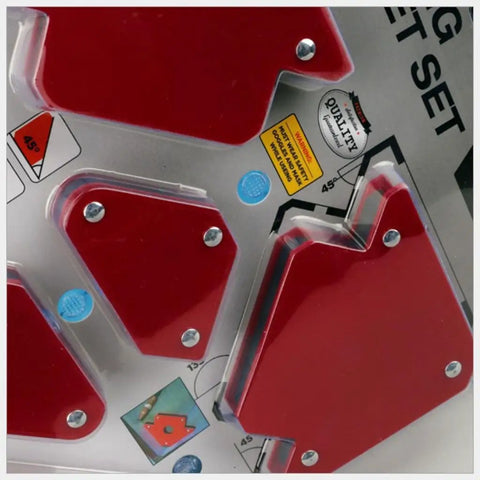 Check Out This Crazy Cool 6Pc Magnetic Welding Fixture Tool For Super Stable Support And Precision Positioning On All Your Soldering Jobs Without Deformation Woes, featuring red magnetic clamps on a set.