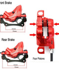 Image of Shred Ready Mountain Bike Hydraulic Disc Brake Kit showing front and rear brake calipers with four pistons, red aluminum alloy.