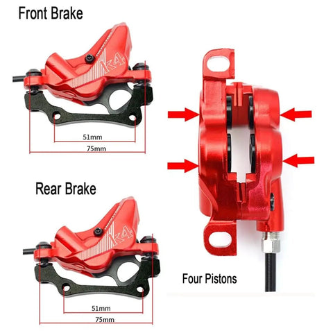 Image of Shred Ready Mountain Bike Hydraulic Disc Brake Kit showing front and rear brake calipers with four pistons, red aluminum alloy.