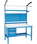 Heavy Duty 72 By 36 Inch Workbench With 1 1/4 Inch Thick ESD Laminate Top And Rock Solid Blue Steel Base Featuring Quick Height Adjust Legs For A Massive Five Thousand Pound Garage Capacity, showcasing storage drawers and pegboard.