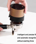 Automatic Espresso Tamper 58mm Electric Coffee Hammer With LCD Screen And Twenty Tamping Levels Rechargeable Barista Gear in use above a portafilter.