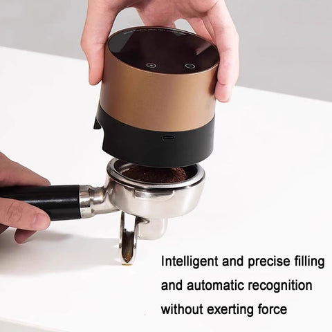 Automatic Espresso Tamper 58mm Electric Coffee Hammer With LCD Screen And Twenty Tamping Levels Rechargeable Barista Gear in use above a portafilter.