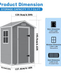 Product dimensions of 4x3 Ft Resin Outdoor Storage Shed With Sloped Roof, Rain Holes, Lockable Door, Window, and Vent in gray.