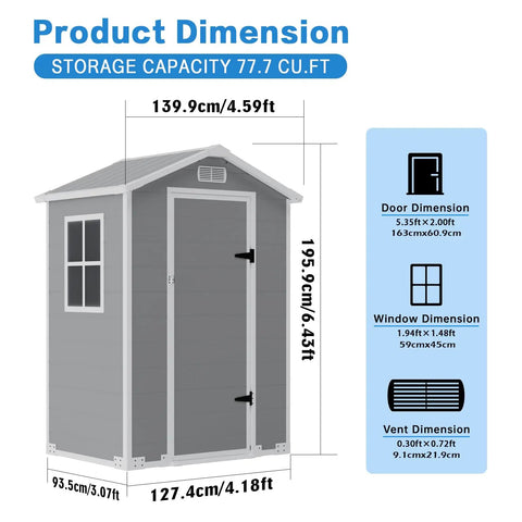 Product dimensions of 4x3 Ft Resin Outdoor Storage Shed With Sloped Roof, Rain Holes, Lockable Door, Window, and Vent in gray.
