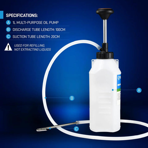 SMOTIVEPRO 1L hand oil transfer pump; white plastic bottle with black plunger and attached discharge tube