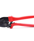 Heavy Duty Ratcheting Crimping Tool For 15 30 And 45 Amp Power Connectors Plus Modular Battery Terminals Made With High Carbon Steel And PVC Grip Handles For Pro Electricians, featuring red PVC grip handles.