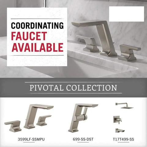 Pivotal Collection bathroom faucet set with coordinating designs shown on marble surface