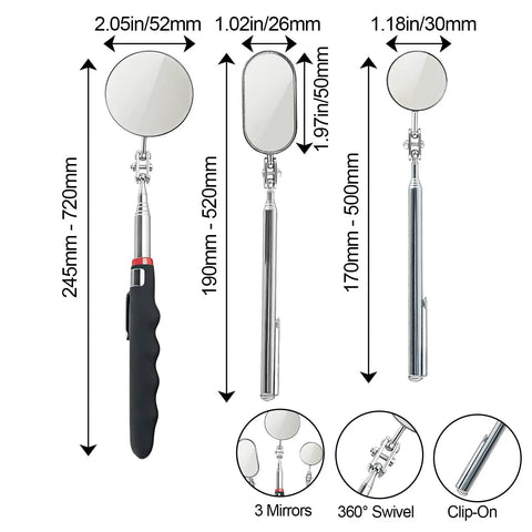Pro Grade Telescoping Inspection Mirror With Rotating Head And Clip On Extendable Handle For Mechanics Auto Marine And Dental Use Durable Lightweight Mirror Set With 2.05 Inch Round 1.18 Inch Round And 1.02 By 1.97 Inch Oval Heads displayed with measurements