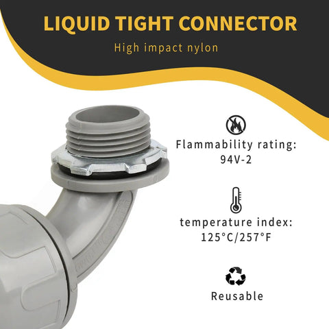 Three Quarter Inch Liquid Tight Conduit Connector NPT Non Metallic 90 Degree PVC Electrical Fittings Nylon 6 Heavy Duty UL Listed Outdoor Ready Includes Domed Nut O Ring and Steel Locknut 48 Pack high impact nylon