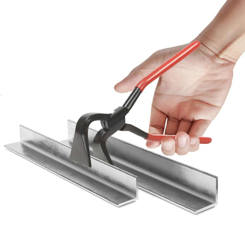 Hand using 3 Piece Bending Pliers Set for Sheet Metal and Auto Repair to bend metal, featuring straight, 45, and 90-degree pliers.