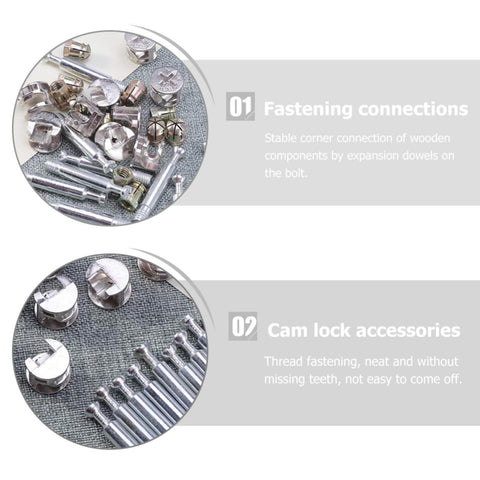 Heavy Duty Furniture Connector Kit With Cam Bolts, Nuts, And Dowels, 24 Piece Silver Iron And Aluminum Alloy Fasteners