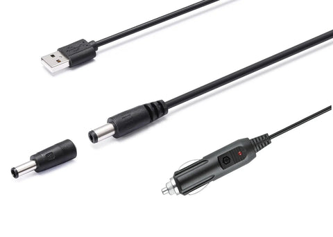 Badass 12V Car Charger With DC Power Cord And Eleven Swappable Plugs For GPS Camera Bluetooth Speaker Shaver Fan And Vehicle Gadgets Hella Versatile Universal Adapter For Any Ride You Own with USB and barrel plugs.