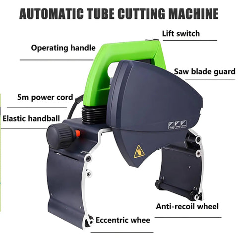 Automatic Pipe Cutting Tool With 5 Speed Settings And Included 2 Blades Portable Tube Cutter For 15 To 400mm DIY And Pro Plumbing Projects Fast Burr Free Cuts In Minutes On Stainless Steel PVC Copper And More. Side view with labeled parts.
