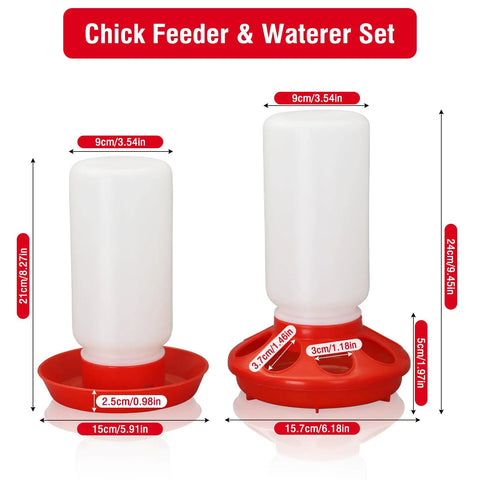 Automatic Chick Feeder And Waterer Set No Waste Brooder Kit for Baby Chicks Ducks and Quail shown with dimensions 21cm and 24cm.
