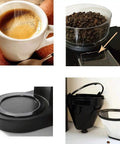 All-In-One Pump Coffee Machine With Built-In Grinder, Fully Automatic Brewing, showing parts and coffee results