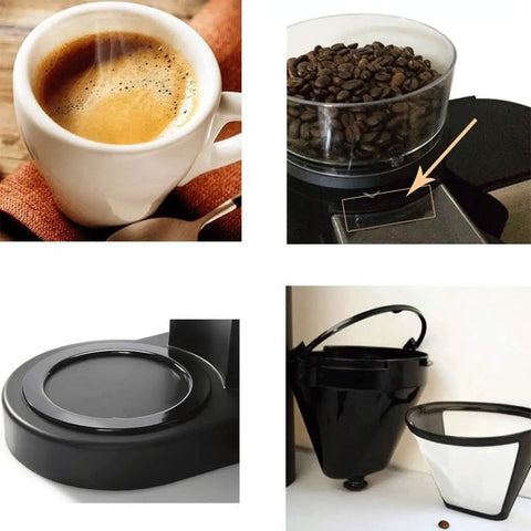 All-In-One Pump Coffee Machine With Built-In Grinder, Fully Automatic Brewing, showing parts and coffee results
