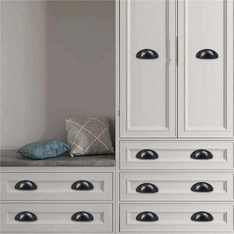 36 Piece Set Of Sleek Black Cup Drawer Pulls Featuring Vintage Half Moon Hardware For Kitchen Cabinets And Baths With A Heavy Duty Rust Resistant Finish That Delivers Dope Everyday Performance on white kitchen cabinetry.