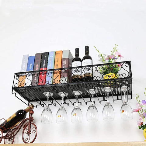 Heavy Duty Wall Mounted Metal Wine Rack With Glass Holder Stores Up To Thirty Stems Kicking Counter Clutter To The Curb, displaying wine bottles and glasses.