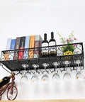 Straight Up Badass Wall Mounted Metal Wine Rack With Industrial Stemware Holder And Dual Row Bottle Organizer For Swanky Kitchen Or Home Bar Setup Black, displaying wine bottles and glassware.