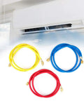 No Sweat One Point Five Meter AC Recharge Hose With Easy Turn Valves Six Hundred Psi Pressure Rated Quarter Inch Tube for R134a systems.