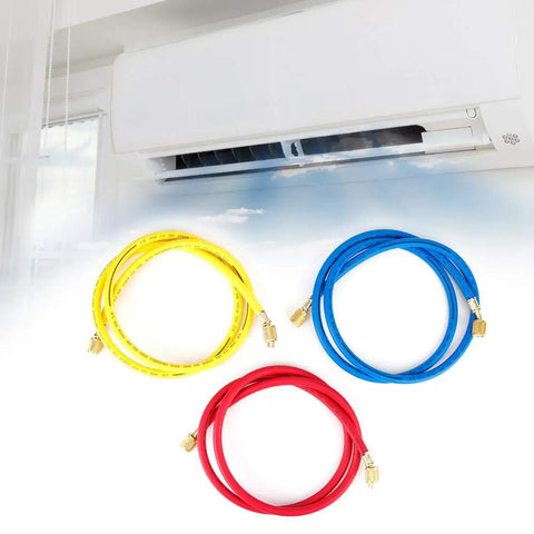 No Sweat One Point Five Meter AC Recharge Hose With Easy Turn Valves Six Hundred Psi Pressure Rated Quarter Inch Tube for R134a systems.
