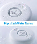 Five Pack Water Leak Alarm Detectors With 120dB Loud Alarm IP66 Waterproof Ultra Sensitive Probes Detect Drips And Mist, white round unit with test button