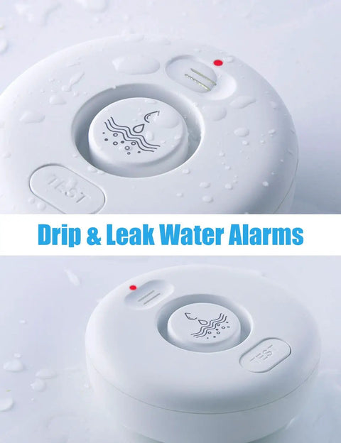 Five Pack Water Leak Alarm Detectors With 120dB Loud Alarm IP66 Waterproof Ultra Sensitive Probes Detect Drips And Mist, white round unit with test button