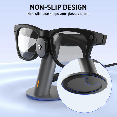 Aluminum Charging Stand For Ray-Ban Meta Smart Glasses Portable Dock with non-slip design, close-up of stand base