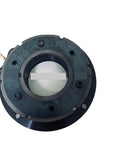 Single-plate electromagnetic brake assembly in dark metal with central bore and mounting holes