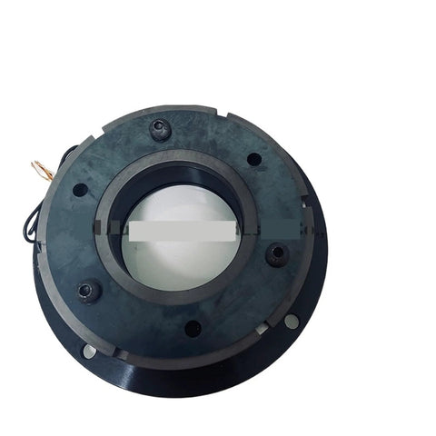 Single-plate electromagnetic brake assembly in dark metal with central bore and mounting holes