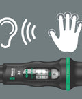 Click-Torque B2 Three-Eighths Inch Drive Torque Wrench handle with audible and tactile feedback symbols on gray background.