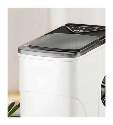 Close-up of Portable Desktop Ice Maker Compact Countertop Ice Machine for homes showing control panel and clear lid.