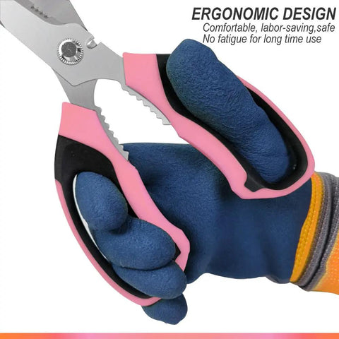 Heavy Duty 8 Inch Multipurpose Scissors With Protective Cover, Stainless Steel Serrated Blades For Cardboard, Leather, Fabric, Wires And More, Cuts Through Materials Like A Boss With Precision Ground Edge; ergonomic grip close-up