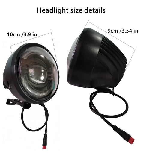 Front Headlight For E Bike With 2 Pin Male Waterproof Connector High Bright Led Bulb For Fat Tire Mountain Bikes, side and front view