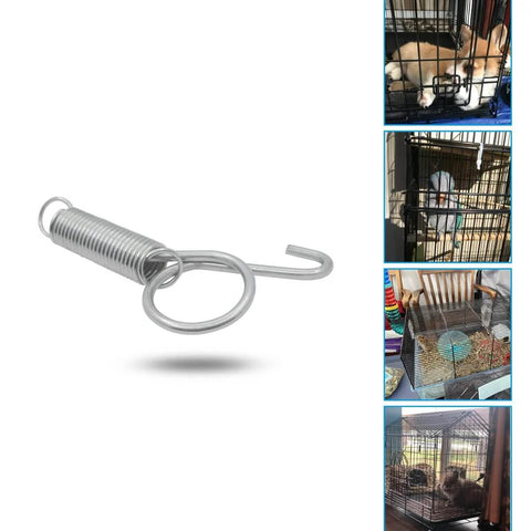 Close-up of silver metal spring latch hook for pet cage doors; 10-pack for small animal cages