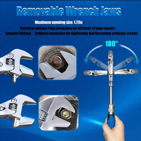 Adjustable Wrench With Flexible Head, 10 To 12.4 Inch Retractable Ratchet Crescent Tool with 180 Degree Rotatable Head