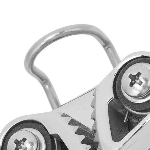 Close-up of 316 Stainless Steel Cam Cleat with Ring Fairlead for 3 to 12mm Rope, durable boat rigging anchor cleat for secure lines.