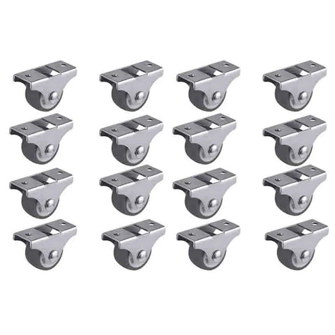 16 Pack Heavy Duty Caster Wheels 1 Inch Rigid Non Swivel Ball Bearing Trolley Casters arranged in a grid, showing chrome finish.