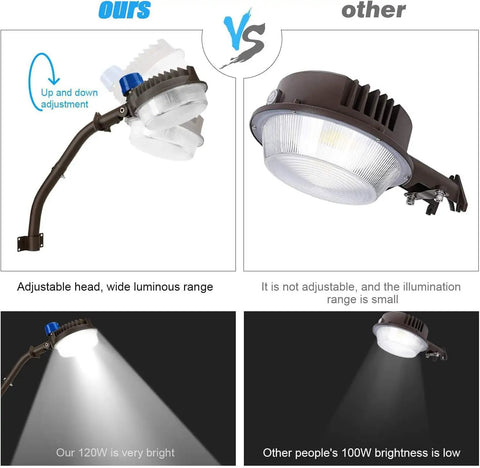 Comparison of 18000LM LED Barn Light 120W 5000K Dusk To Dawn Outdoor Security Flood Light with Photocell vs competitor.