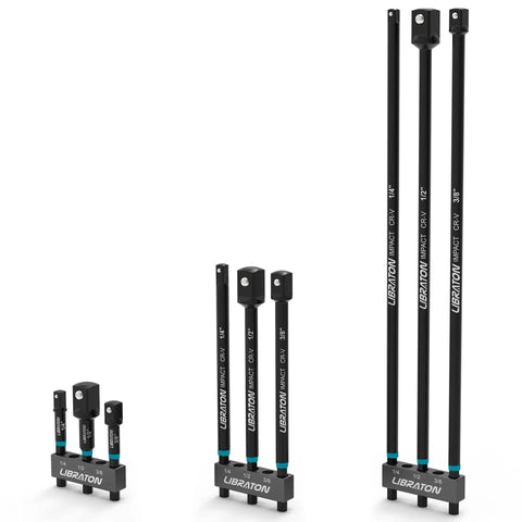 Pro Grade Impact Socket Adapter Set With One Quarter Inch Drive Three Eighth Inch Drive And One Half Inch Drive Includes Three Six And Twelve Inch Extensions For Drill Socket Adapters To Torque Wrench Use Heavy Duty Driver Adapters For Tight Spaces, showing three lengths of adapters.