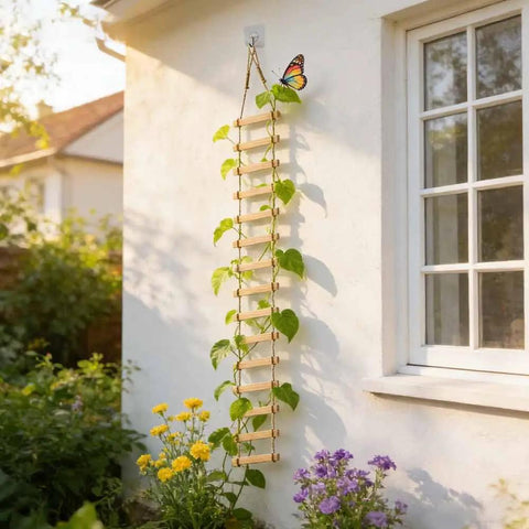 6-Feet Extra Tall Wooden Ladder Plant Trellis For Indoor And Outdoor Use on exterior wall with climbing plants