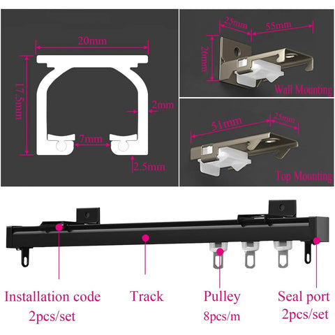 Heavy Duty Smooth Glide Sliding Barn Door Roller Set Built Different Metallic Chain Track with detailed dimensions and mounting options.
