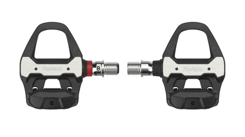Assioma Pro RS1 Single Side Power Meter Pedals With Cleats showing front view, ultra lightweight, Shimano SPD SL compatible