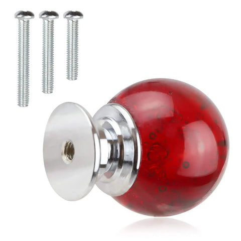 Red Crystal Glass Cabinet Knobs 12 Piece Set Featuring Round Bubble Drawer Pulls For Dressers And Cupboards with three screws included.